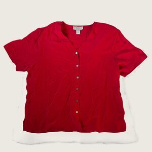 Nexx Woman Red 100% Silk Short Sleeve Blouse Button Front Size 3X Vintage